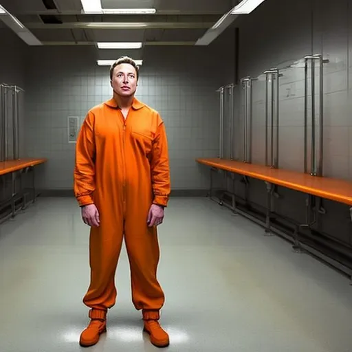 Prompt: Elon Musk wearing an orange jumpsuit and crying alone in a jail cell
