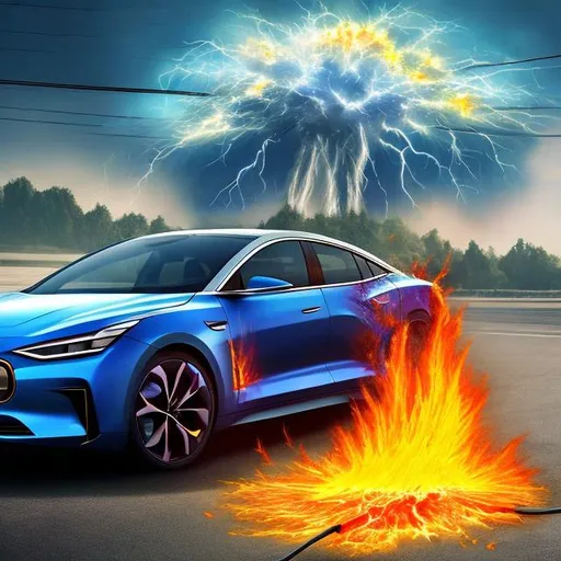 Prompt: propaganda about electric car. exploding electric car. fire