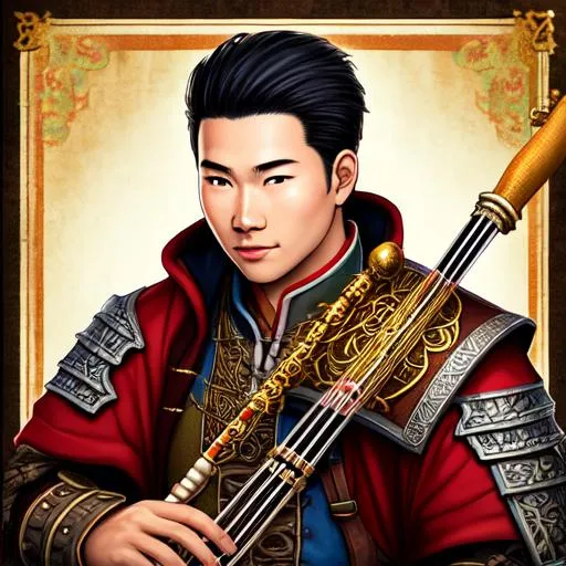 Prompt: Portrait of a wild asian bard neutral chaotic baldur's gate player character