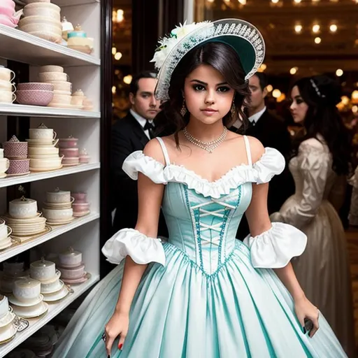 Prompt: Selena Gomez being turned into a porcelain doll wearing victorian dress & bonnet, stuck in a porcelain doll store.