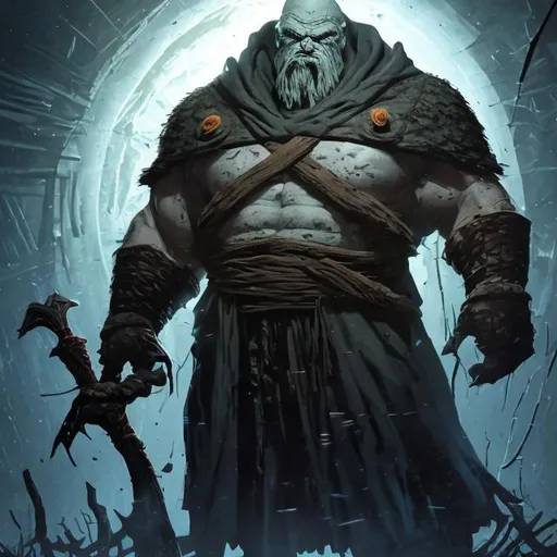 Prompt: old man, Tall, Intimidating, Large, male, Solomon Grundy/goliath DnD build, black hair, very dark grey scarred skin, covered in bandages, dark tattered cloth armor exposes his midriff, hood of magical darkness mask like Xûr, Agent of the Nine in destiny, large red gem between pecs in chest, Path of the Zealot Barbarian, Strong, wielding large two-handed great-axe, Fantasy setting,