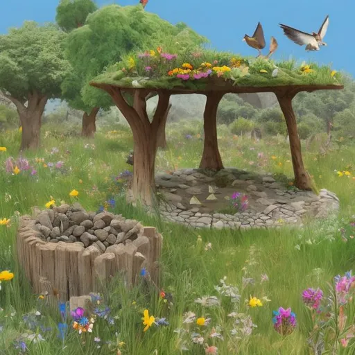 Prompt: Concept art of a natural rest stop for birds and animals that provides food and filled with wild flowers 