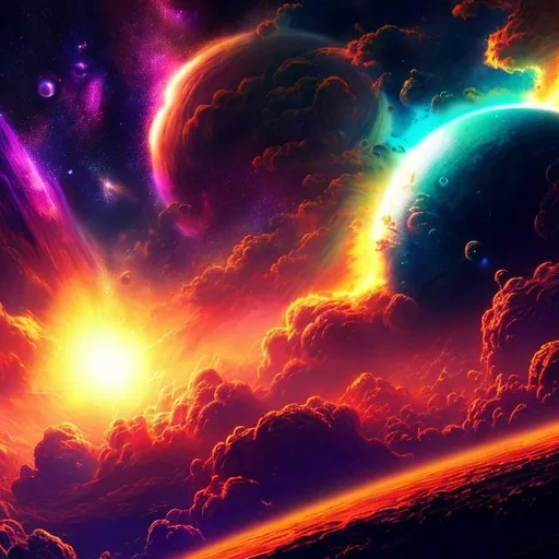 Prompt: Design an HD wallpaper (1760x990) that showcases a breathtaking celestial explosion. Let the explosion burst with vibrant hues of blue, purple, orange, green, and pink, illuminating the darkness of space. Incorporate a distant planet in the composition, creating a sense of cosmic wonder and awe.