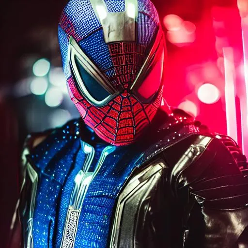 Prompt: Portrait, Photography of Cyberpunk spiderman. Spiderman with Futurist punk armor. hiperdetailed armor. Concept art. Futuristic City with a lot of lights,hyper realistic, BLue and red lights ambient. eLECTRIC SPARKS AMBIENT. camera nikkon D3500, camera 35mm f5.6 lens, hyper realistic, dramatic lighting.
