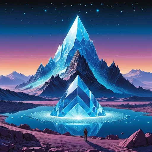 Prompt: Alien crystal landscape dotted with transparent glowing crystals, with blue crystal mountain in the background, in the style of Moebius