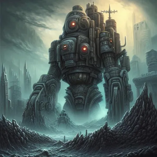 Prompt:  fantasy art style, painting, concrete, smog, fog, deep ocean, waves, tsunami, tidal waves, flood, apocalypse, dystopian, warfare, robot, futuristic city, pipes, war machine