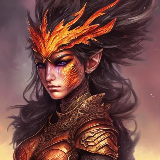 Prompt: portrait of an armored gorgeous aesthetic female fire warrior in makeup, in fantasy magical volcano world . Highly detailed, vibrant, bright