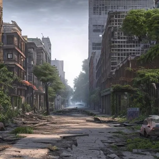 Prompt: ruined city street, 8k, buildings, trees, plants grow up, apocaliptic, realistic