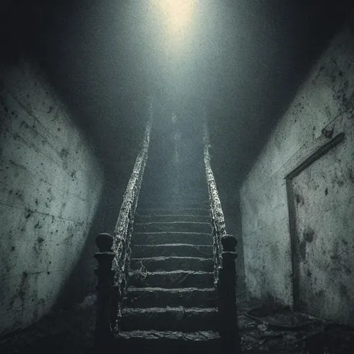 Prompt: staircase at night with a blurry face belonging to an inhuman creature in a distant corner, uncanny valley, off-putting, weird, anxiety inducing imagery, photo that engages fight or flight response in the viewer