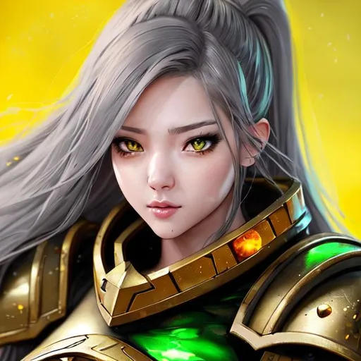 Prompt: ultra realistic illustration, amber ratio, 100 mm lens, cinematic shot, perfect angle, Warhammer 40000 young woman, (detailed face, detailed grey eyes, detailed nose, detailed mouth and lip), kpop princess, expressive, ultra detailed battlefield background, The vibrant colors create a green armour hype realistic color splash art, Unreal minimalism with octane render creates depth of field with bokeh. Style: using a combination of traditional techniques green and 3D modeling, (Ultra detailed, finest detail, intricate), (Epic composition, epic proportion, epic fantasy), cinematic lighting, volumetric lighting, studio lighting, neon light, global illumination, (depth of field:0.4, blur, bloom:0.2), reflection, hard shadow, contrast, vibrant color, RAW photo, photography, HD, UHD, masterpiece, professional work.