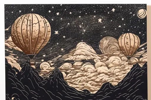 Prompt: Balloon in the night sky with stars linocut, Sharp detailed, masterpiece, 4k
