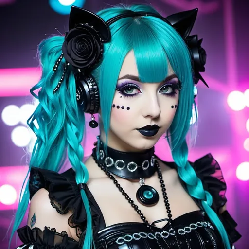 Prompt: Cyber goth lolita, electronic dance