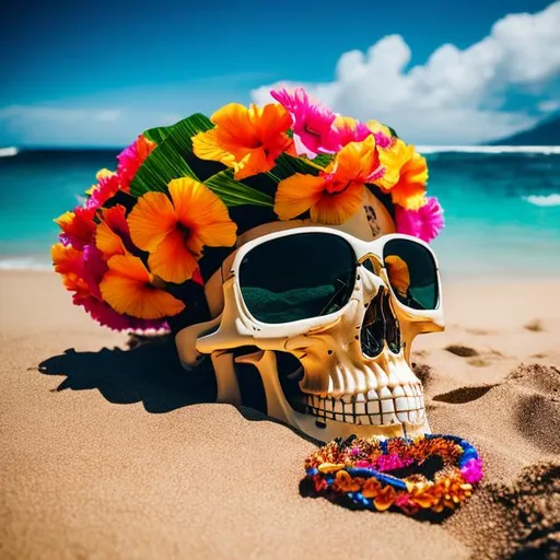 Prompt: what remains of a Skeleton wearing a botanical Aloha shirt with celebration leis, lying dead on a sandy beach. Peaceful, dream-like, liminal space. surrealism. Slow Moving Beach, Glassy Ocean, Cinematic Movies Scene, Spinning Gems Culture. D&D concept art,