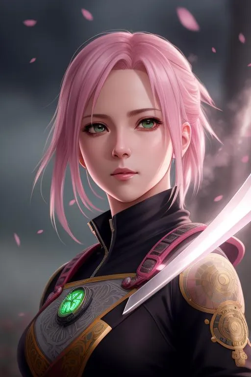 Prompt: sakura haruno, green eyes, 4k, unreal engine, intricate, highly detailed, beautiful lighting, light fog, 8k, trending on Artstation, professional, dramatic, swords, illustration, art by Artgerm and Greg Rutkowski and Alphonse Mucha, award winning portrait, f/22, symmetrical