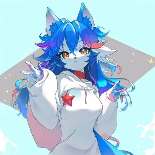 Prompt: A dreamlike state of color clean lines, pastel high contrast of an anthro fursona adult female furry red fox wearing a purple cozy hoodie with constellations adorning the sleeves who's rainbow and in the light, main color red and blue, surface like an oil spill, high detail, full animal, artstation, splash of color, dynamic lighting full body in frame, unwarped face