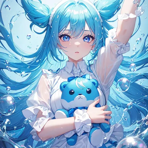 Prompt: Girl, Cyan hair, Bubbles, Water magic, Detailed, dark purple eyes, stuffed teddy bear, monochrome background, upper body frame, blue particles, white and blue striped shirt, 