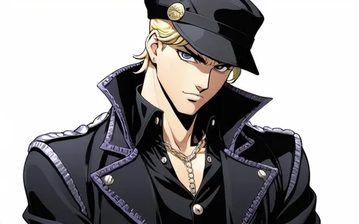 Prompt: A blonde man wearing Black clothes and a hat standing drawn in anime style of Jojo’s bizarre adventure 
