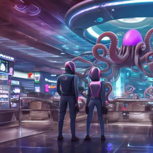 Prompt: octopus security guards in a busy alien mall, widescreen, infinity vanishing point, galaxy background, surprise easter egg