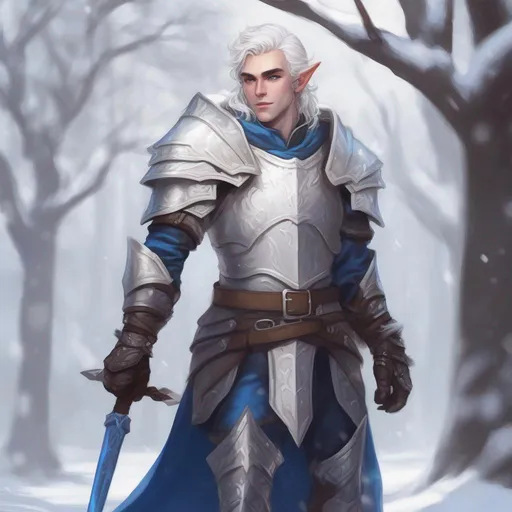 Prompt: DND a male elf with medium fluffy white hair and blue eyes wearing plate armor in a snowy park