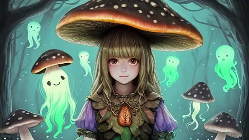 Prompt: portrait of a cute girl wearing tree bark,
glowing fantasy mushrooms, friendly ghosts 