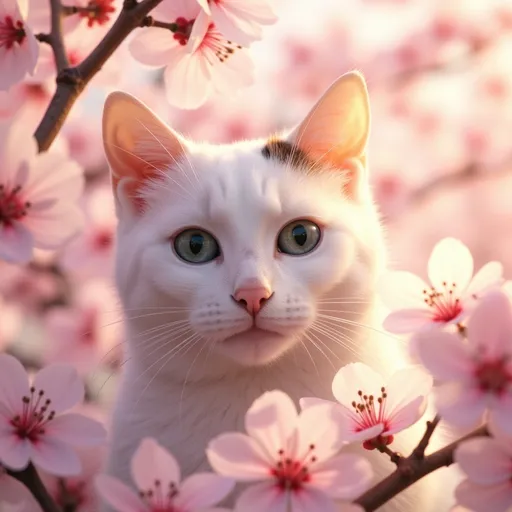 Prompt: A stunning close-up of a realistic white cat with gentle, soulful eyes, framed by delicate feathered wings that shimmer softly in the warm glow of sunlight. The scene is set amidst a tranquil cherry blossom grove in full bloom, with soft pink petals falling like gentle confetti. Songbirds flutter nearby, their melodies adding to the serene atmosphere. The warm, golden light filters through the blossoming branches, casting a dreamy, ethereal glow over the cat's fur and highlighting the tender, mystical vibe of this fantasy scene. Rendered in a cinematic, photorealistic style that captures both the delicate details of the feathers and the vibrant warm colors of the environment.