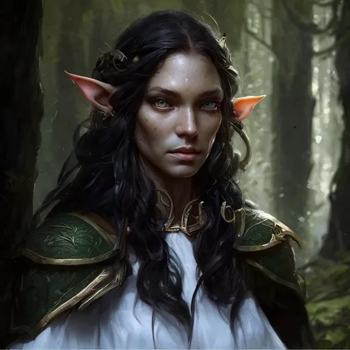 Prompt: a portrait of a female forest elven ranger, powerful woman, with tan skin, with long hair, dark ambient, beautiful elf, d&d fantasy, ambient light, highly detailed, black and yellow scheme, art by artgem and greg rutkowski