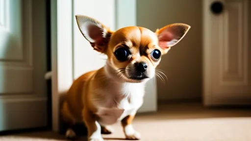 Prompt: A chihuahua on a leash tied to a bedroom doorknob.