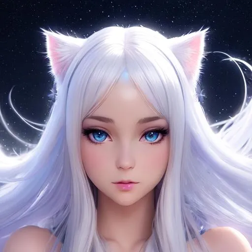 Prompt: fantasy, magical, teen girl, white cat ear, long white hair ultra detailed artistic photography, light hair, midnight aura, night sky, detailed gorgeous face, dreamy, glowing, glamour, glimmer, shadows, oil on canvas, brush strokes, smooth, ultra high definition, 8k, unreal engine 5, ultra sharp focus, art by alberto seveso, artgerm, loish, sf, intricate artwork masterpiece, ominous, matte painting movie poster, golden ratio, trending on cgsociety, intricate, epic, trending on artstation, by artgerm, h. r. giger and beksinski, highly detailed, vibrant, production cinematic character render, ultra high quality model, paleultra detailed artistic photography, light hair, midnight aura, off-shoulder bodysuit, full-body, night sky, detailed gorgeous face, dreamy, glowing, backlit, glamour, glimmer, shadows, oil on canvas, brush strokes, smooth, ultra high definition, 8k, unreal engine 5, ultra sharp focus, artgerm, loish, sf, intricate artwork masterpiece, ominous, matte painting movie poster, golden ratio, trending on cgsociety, intricate, epic, trending on artstation, by artgerm, h. r. giger and beksinski, highly detailed, vibrant, production cinematic character render, ultra high quality model