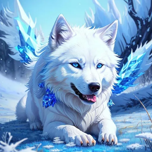 Prompt: (masterpiece, professional oil painting, epic digital art, hyper detailed, best quality:1.5), beautiful portrait of white ((wolf)), canine (quadruped), female, adolescent, ice elemental, (deep blue fur covered in frost), bashful hypnotic sapphire blue eyes, 8k eyes, emanating enchanted blue aura, sprawled on frosted grassy field, extremely beautiful, thick billowing silver mane covered in frost, (plump:2), Anne Stokes, mid close up, close up, kitsune, presenting magical jewel, detailed smiling face, finely detailed fur, hyper detailed fur, (soft silky intricately detailed fur), fluffy fox ears, cool colors, beaming sun, sapphire sunset sky, professional, symmetric, golden ratio, unreal engine, depth, volumetric lighting, rich oil medium, (brilliant auroras), (ice storm), full body focus, beautifully detailed starry sky, majestic sunset, cinematic, 64K, UHD, intricate detail, high quality, high detail, masterpiece, intricate facial detail, high quality, detailed face, intricate quality, intricate eye detail, highly detailed, high resolution scan, intricate detailed, highly detailed face, very detailed, high resolution