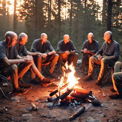 Prompt: Eight bald men sitting around a campfire