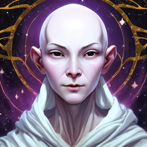 Prompt: androgynous, benevolent, innocent, ALIEN femme, medium skin, bald, soft expression, full lips, holding an orb, wearing cloak, surrounded by stars