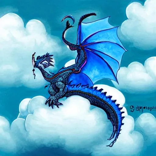 Prompt: A blue dragon sitting on a cloud