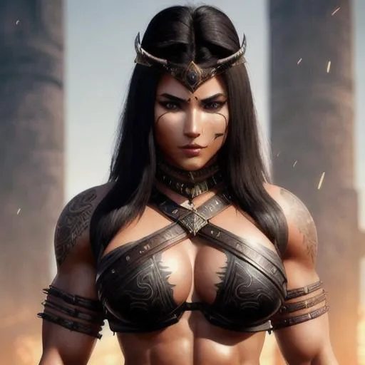 Prompt: hyperrealistic warrior barbarian female, with fit thick great figure muscular hourglass full body, with round huge chest with tribal tattoos | six-pack abs, natural black hair | small imperfections on the face, 20 years old | sultry smile | sharp focus, ultra-fine details, cinematic lighting, 4k | wlop, artgerm, vastly ornate detailed background, vibrant colors, Frank Frazetta, low angle shot