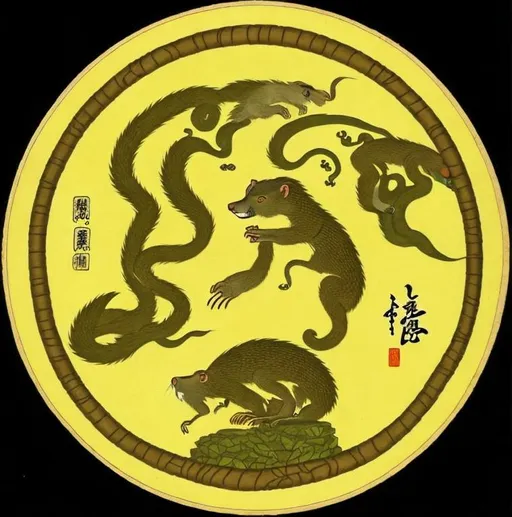 Prompt: Japanese Mon of the silhouette of a Mongoose, Dark Green, Legend of the Five Rings, Asian Aesthetic, L5R