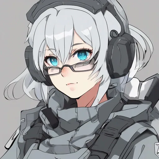Prompt: A  girl soldier mathematician that in a anime like style and has a big blue eyes with long lashes pointy nose and cute lips and has gray hair that has black highlight at the and a cool clothes and her background is math signs and has a plain color and in half body display and has a define outline in all parts (stable diffusion xl 1.0)