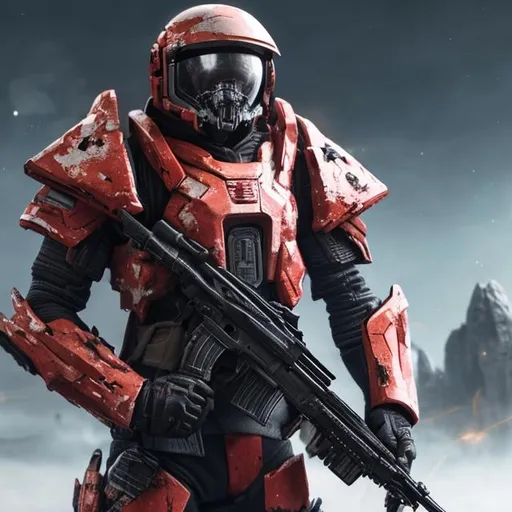 Prompt: Guerrilla fighter wearing damaged and weathered red futuristic armor and with futuristic rifle over his shoulder. 8k, hyperrealistic, sharp, futuristic, bright, space.