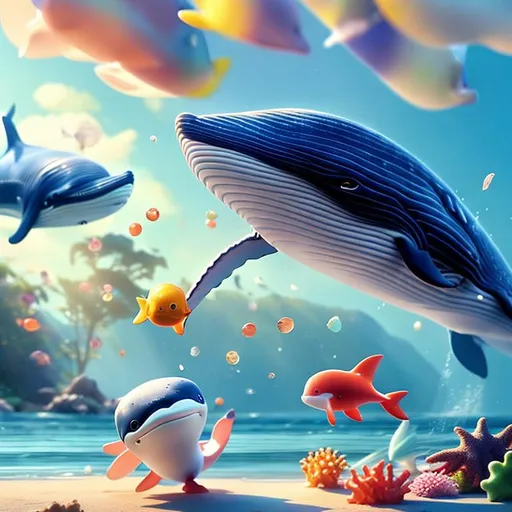 Prompt: whale with wings, playing with a toy fish with legs, in the sky, over the afternoon sea, with soft light, vibrant colours, 3D pixar render, delicate details