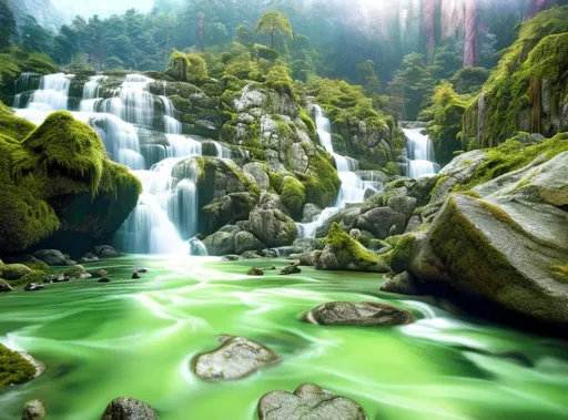 Prompt: River, cascading waterfall, daytime forest background, cave, gorge, mossy rocks, rule of thirds, golden hour, golden ratio, long exposure, Hyperrealism, lightshafts, soft dramatic lighting, ultra high quality octane render, trending on artstation, sublime. hypermaximalist.