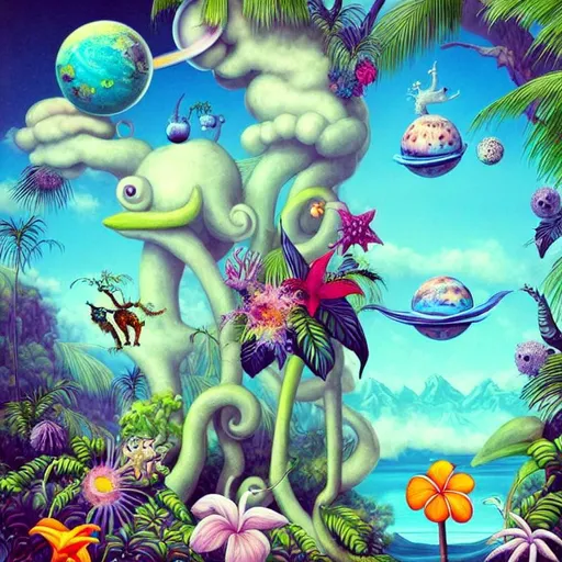 strange planet, whimsical creatures, tropical flower... | OpenArt