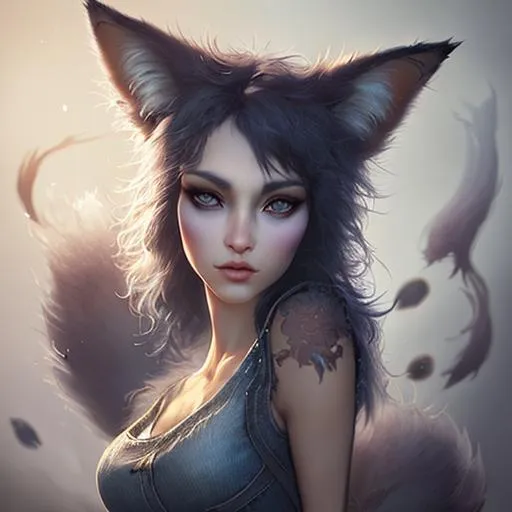 Prompt: arttic fox, anthropomorphic gorgeous, stunning body female furry, jeans, t-shirtHighly detailed photo realistic digital artwork. High definition. Face by Tom Bagshaw and art by Sakimichan, Android Jones" and tom bagshaw, BiggalsOctane render, volumetric lighting, shadow effect, insanely detailed and intricate, photorealistic, highly detailed, artstation by WLOP, by artgerm