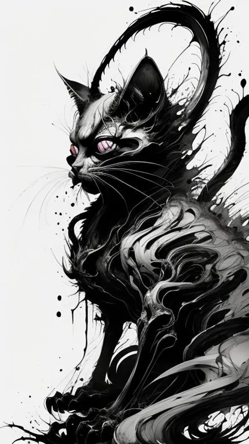Prompt: Demon Cat negative black and white Speedpaint with large brush strokes by , Junji Ito, Ismail Inceoglu, , Gazelli, M.W. Kaluta, richard anderson, paint splatter, white ink, a masterpiece, 8k resolution, trending on artstation, horror, terrifying, highly detailed and intricate