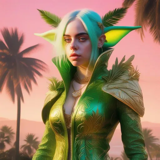 Prompt: fantasy art, digital painting, D&D character portrait of Billie Eilish as a goblin, {{green skin}}, {{large ears}}, full body, golden filigree intricate details, panned out, highest quality, beautiful sunny day, tropical vaporwave background, palm trees, 