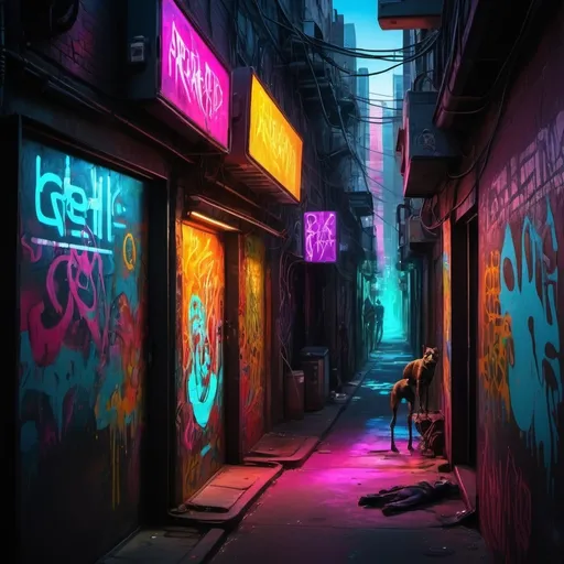 Prompt: Amidst the Cyber City's labyrinthine alleys, neon lights casting colorful shadows, augmented reality graffiti adorning the walls, robotic pets accompanying their owners, a gritty and vibrant cyberpunk environment where technology meets street art, Painting, using acrylics on canvas to depict the chaotic alleyways with a mix of vibrant colors and futuristic elements, --ar 16:9 --v 5


