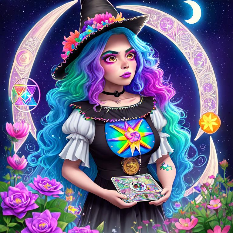 mexican witch with rainbow hair, large chest, holdin... | OpenArt