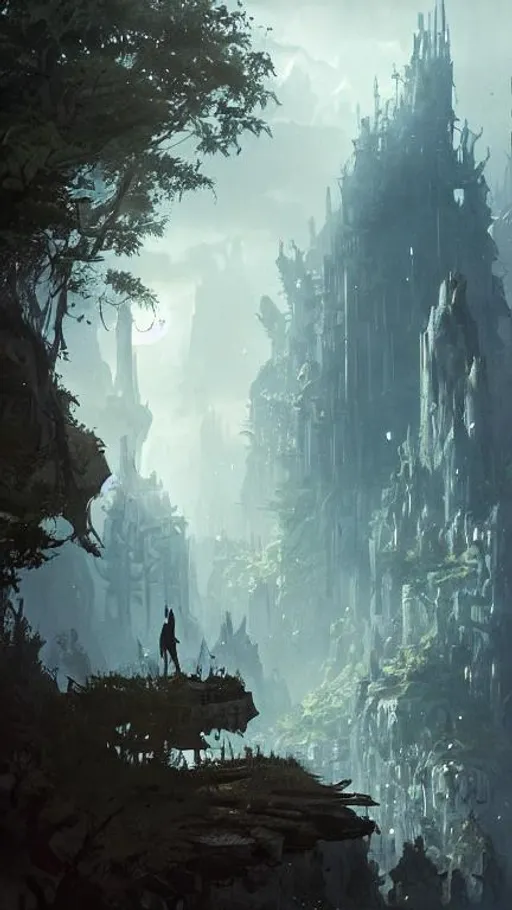Prompt: fantasy concept art by greg rutkowski, hooded figure in the  foreground discovers overgrown city from an ancient civilization, rugged jungle landscape, gestural oil painting style, blue glowing floating sky islands, cinematographic morning light, artstation hq, 