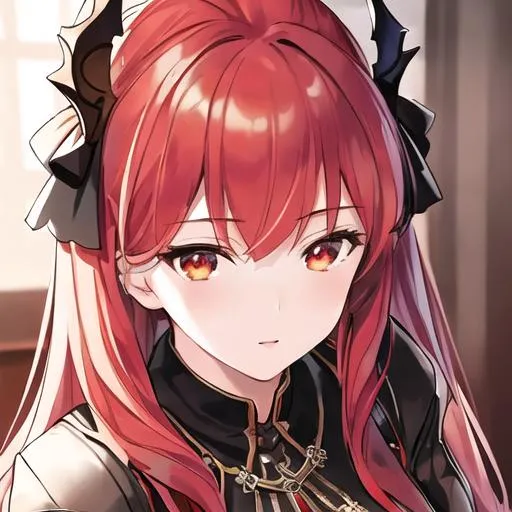 Prompt: masterpiece, illustration, best quality:1.2), 1girl, solo, red hair, dignified , finely detailed, detailed face, beautiful detailed eyes, beautiful detailed shading, beautifully detailed background, surtr, arknights, short black skirt