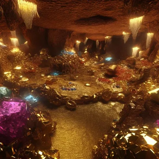 Prompt: realistic, cave with piles of jewels and gold pieces