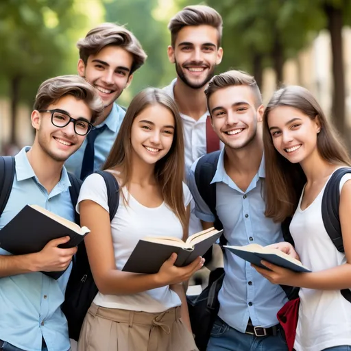 Prompt: 6 studenti con libri  di scuola 
uomo e donna sorridenti guardano di fronte. Sono a figura intera. Tutti diversi tra loro.  Hanno abiti diversi. Ognuno ha uno stile.