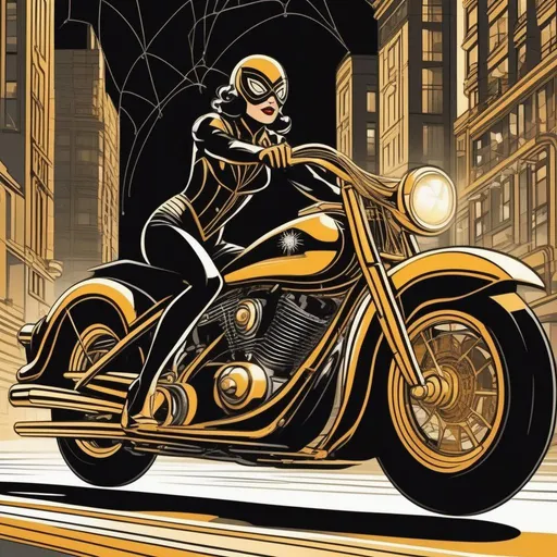 Prompt: a Spider-woman dressed in an art deco inspired suit with art deco inspired spiderweb motifs, new york, roaring 1920s, night, masked, golden age comic book style, Marvel,  dynamic, action, on motorcycle, suit has spiderweb motifs in art deco style, 