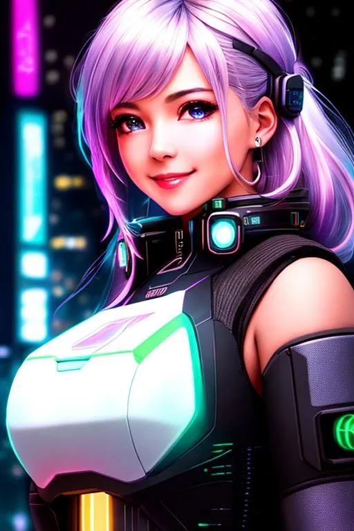 Prompt: [award winning photo portrait of a cute smile girl standing outside a cyberpunk neon city street:award winning photo of a cyborg, bundle of glowing fiber optic cables:0.2], epic realistic, art, (hdr:1.2), (muted colors:1.2), pastel, hyperdetailed, (artstation:1.5), warm lights, dramatic light, (intricate details:1.2), vignette, complex background